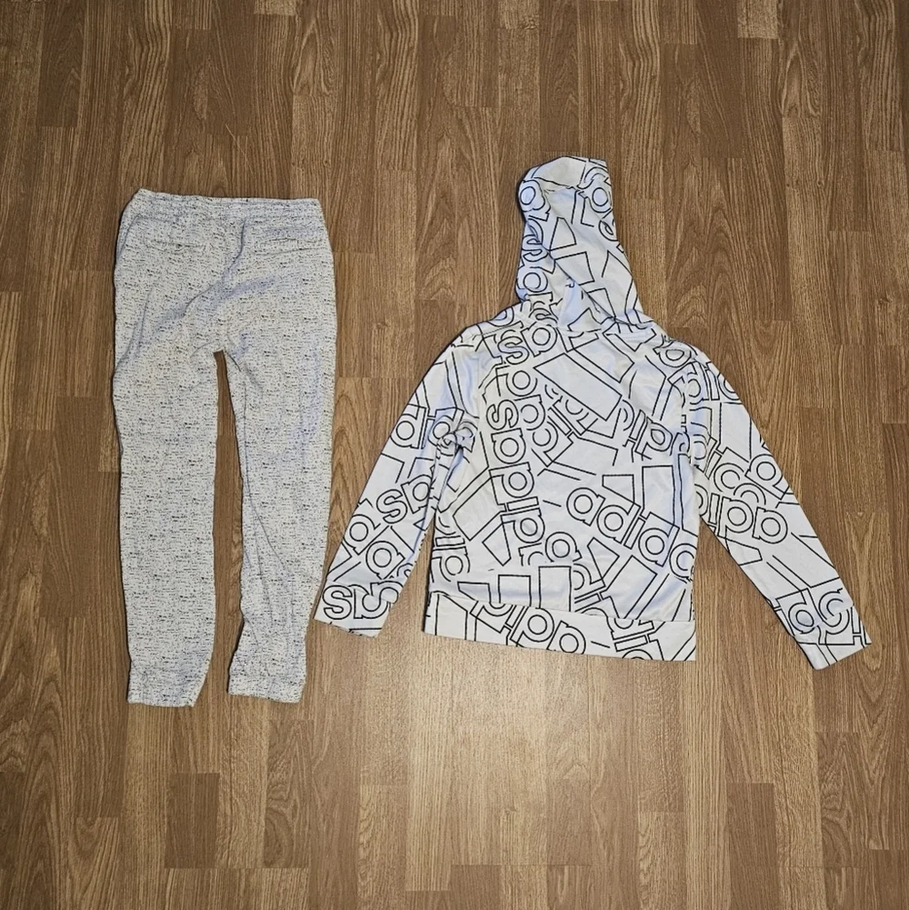 Adidas White and Black Hoodie with Retro Stitch Gray Joggers